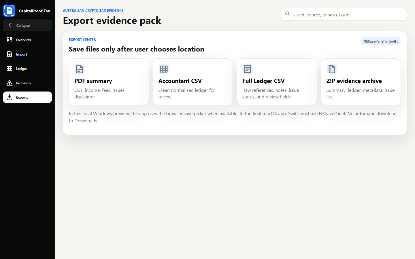 CapitalProof Tax export center screen