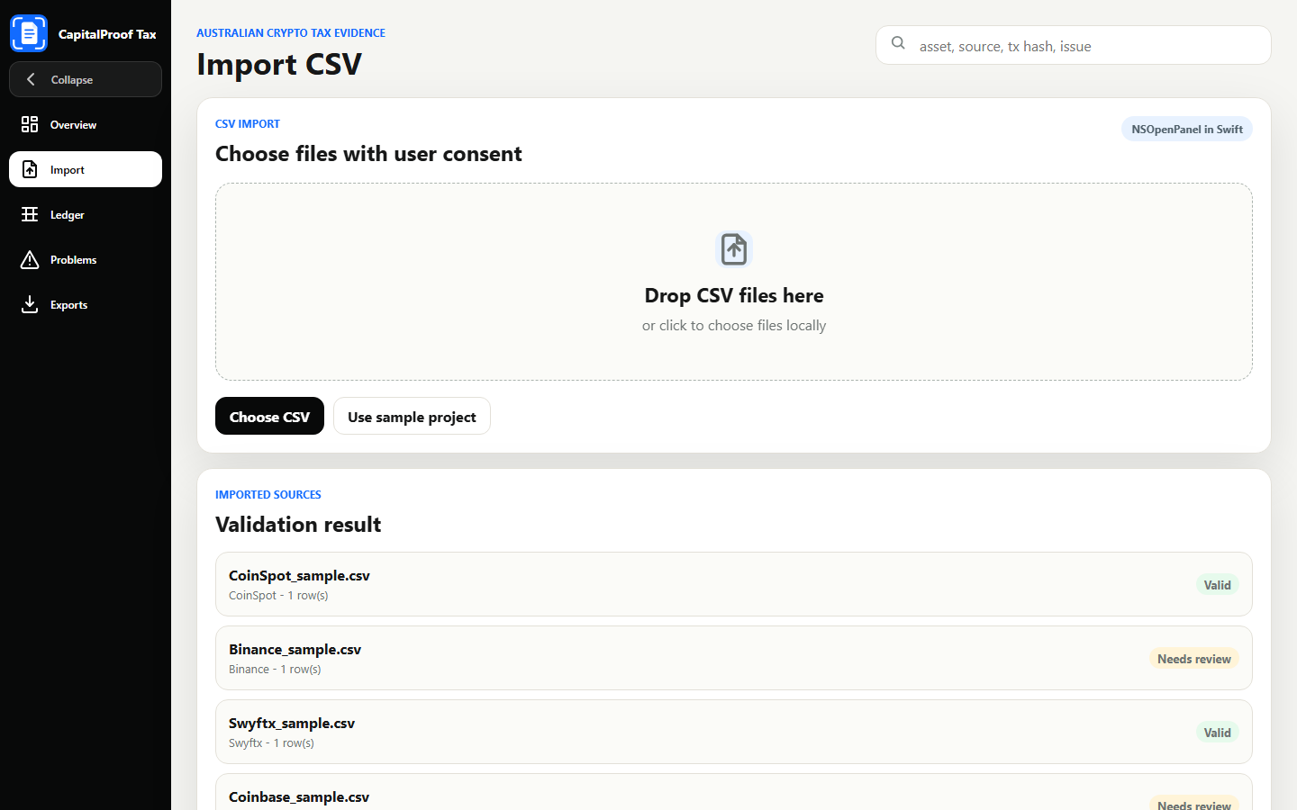 CapitalProof Tax CSV import screen