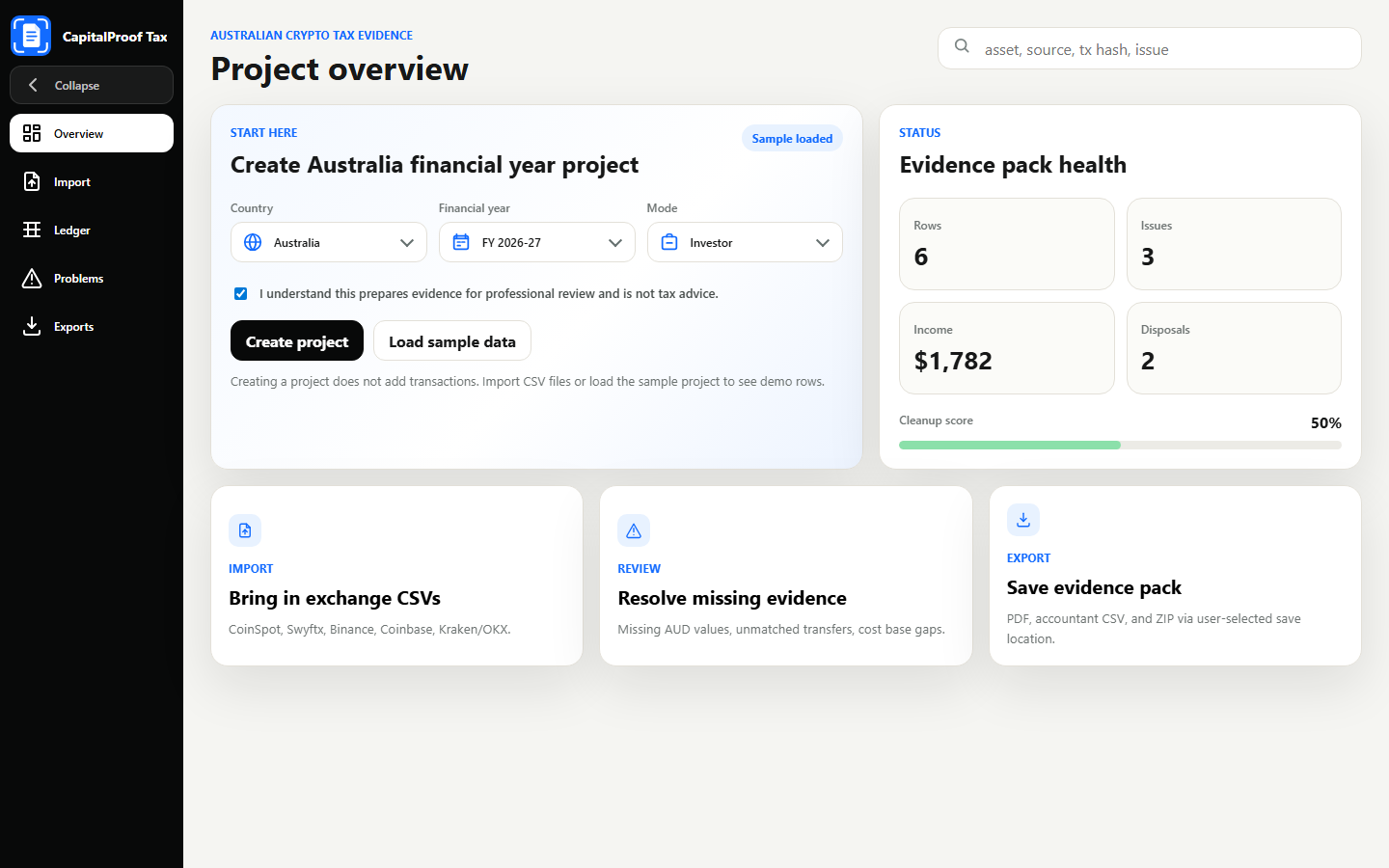 CapitalProof Tax overview screen