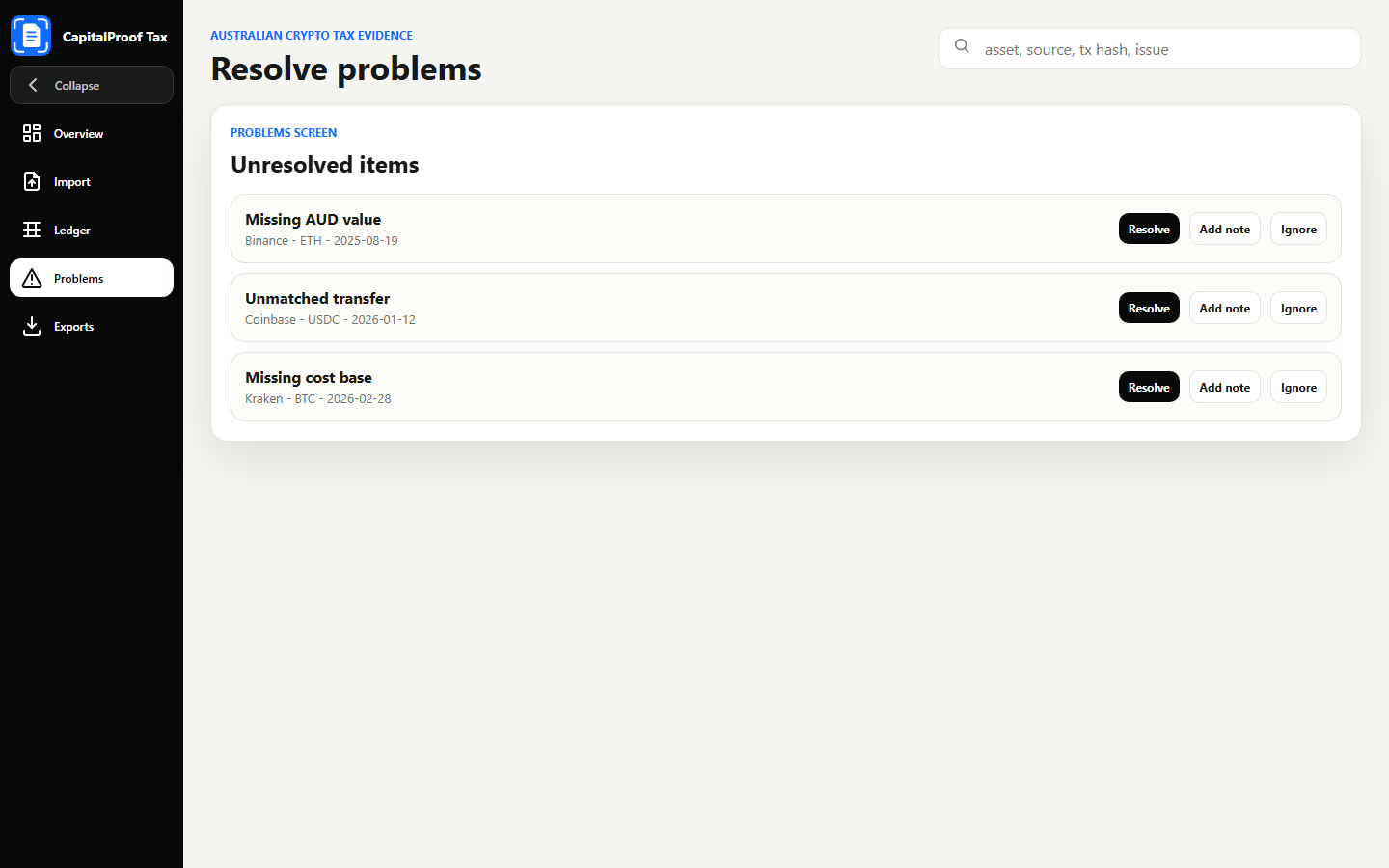 CapitalProof Tax unresolved problems screen